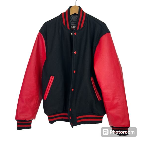 Stewart And Strauss Large Vintage Varsity Jacket Red Black Wool Leather Sleeves - Picture 1 of 10